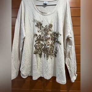 CAbi airbrush roses Floral Print Cream long sleeve knit tee Top- M